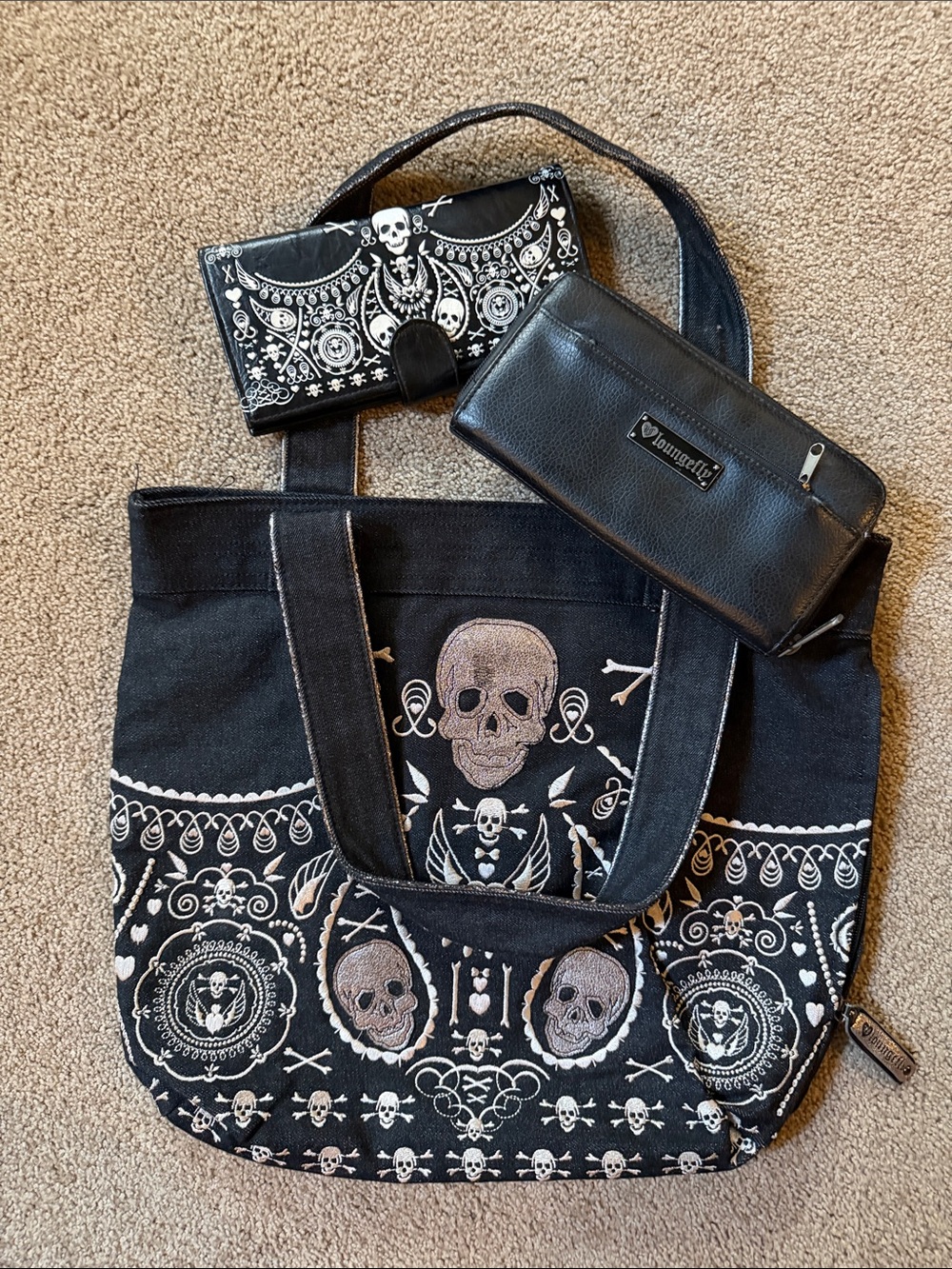 Loungefly Black Skull Pattern Tote Bag & two different style wallets that match.